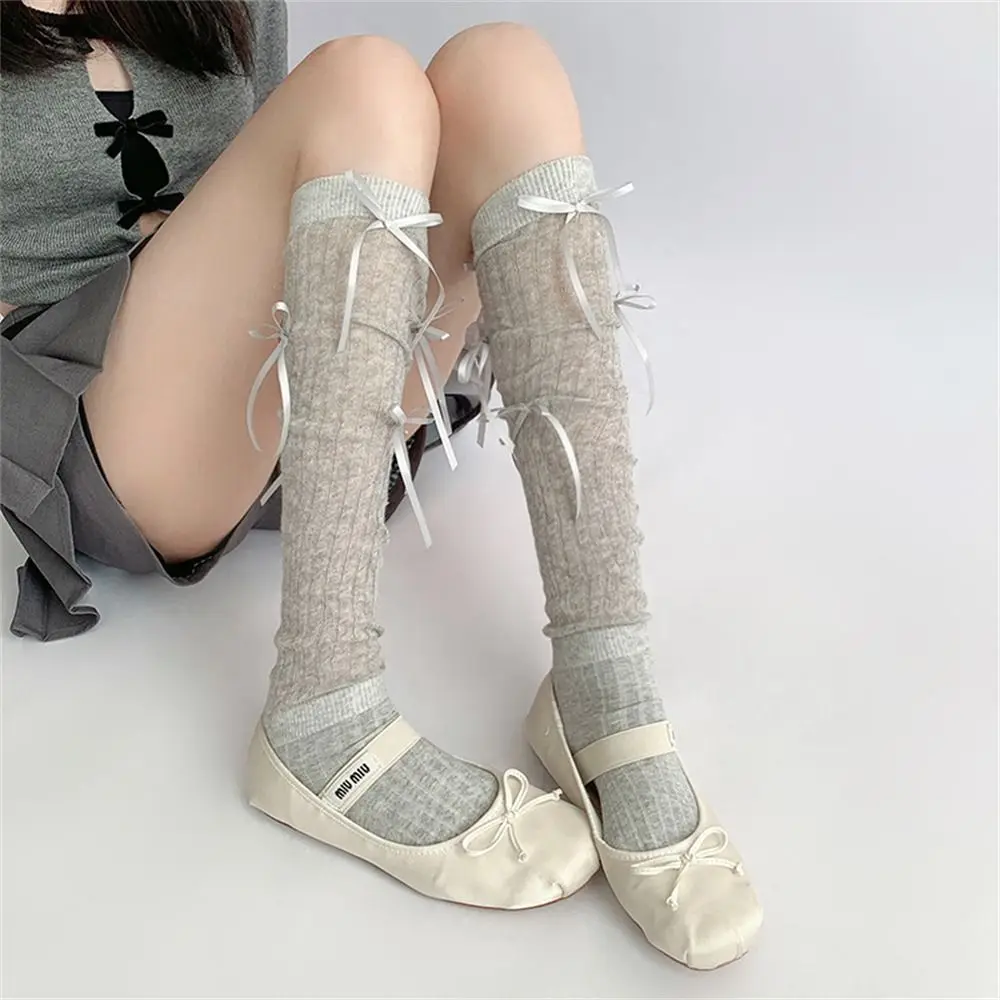 1 Pair Kawaii Ballet Style Lolita Long Socks Transparent Bandage Bowknot JK Stockings Thin Style Knee High Socks for Women Girls