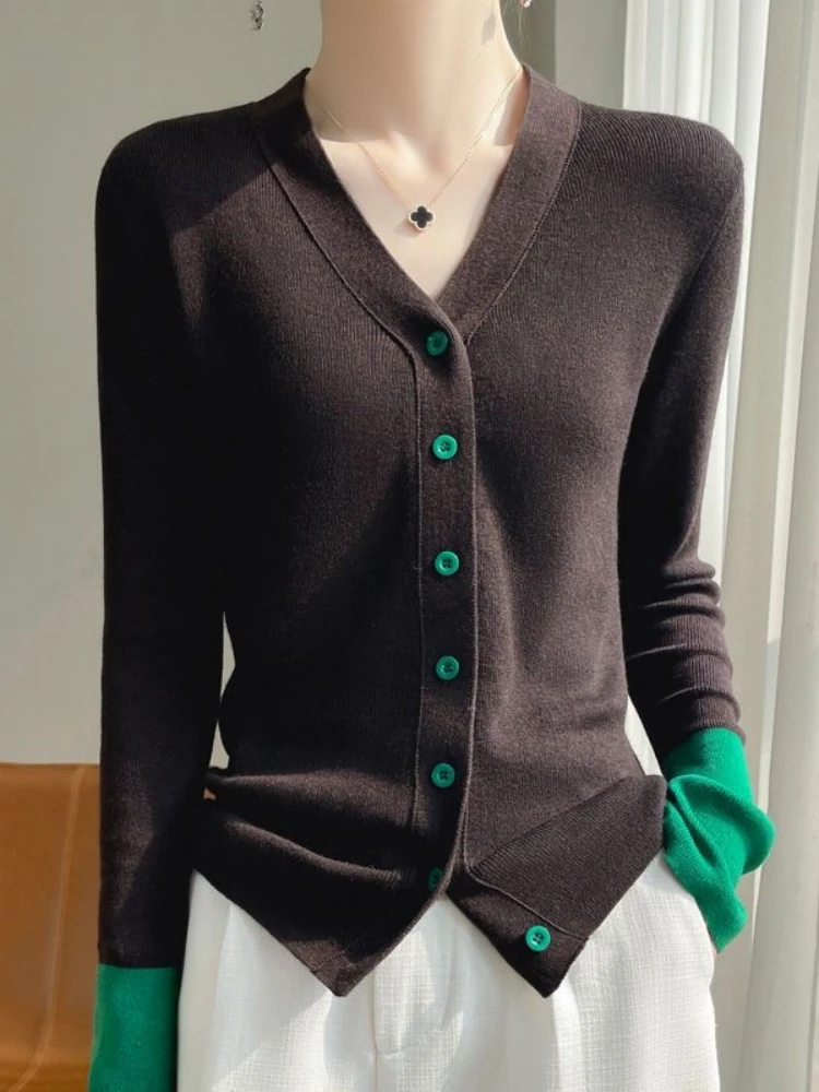 Fashionable V-Neck Knitted Open Cardigan Women's Slim Fit Outerwear Slimming Top Versatile Color Block Knitwear Summer 2025