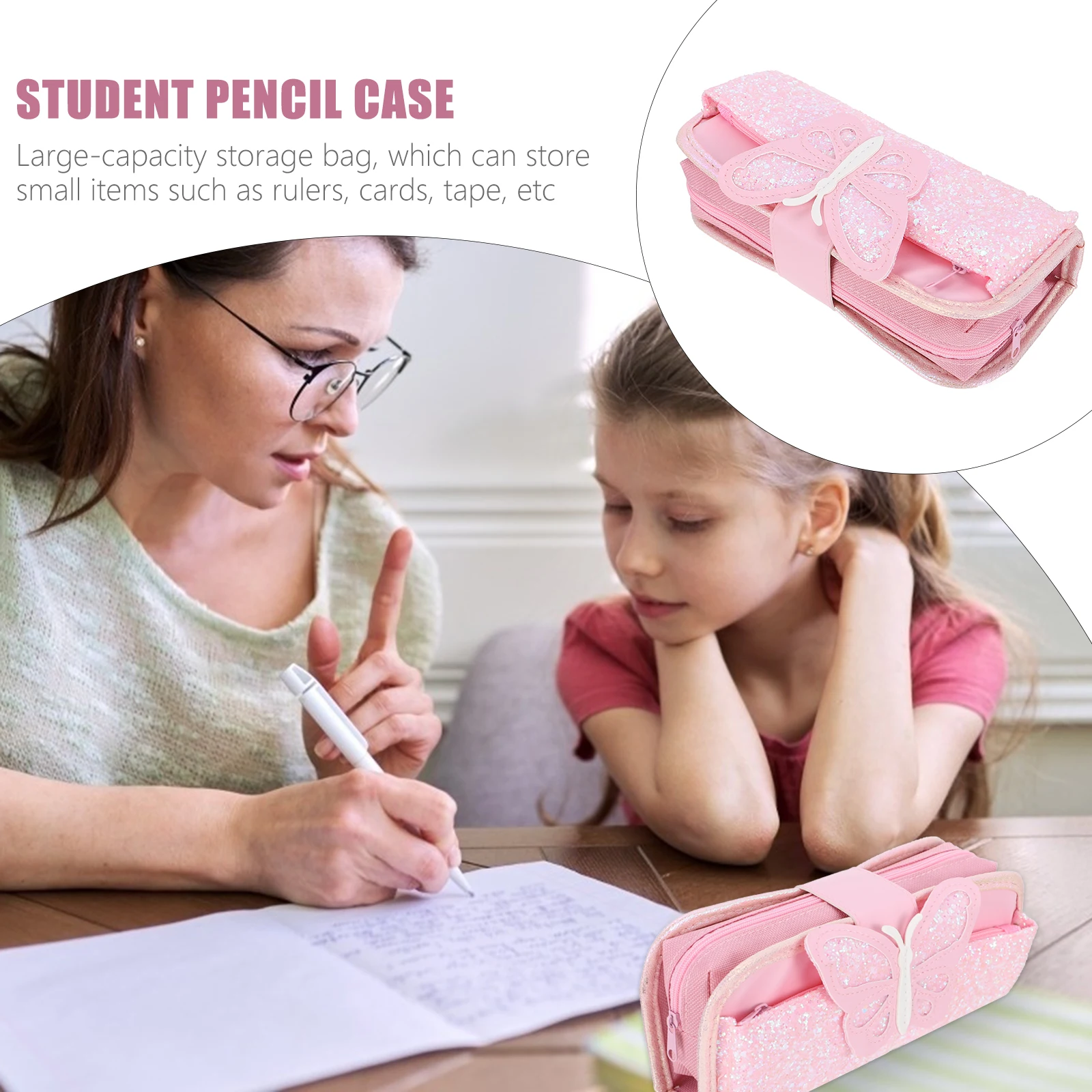 

Pencil Case Stationery Bag Large Capacity Zipper Smooth Pull Butterflies Sticker Easy Open Close Storage Pink Fashion Student