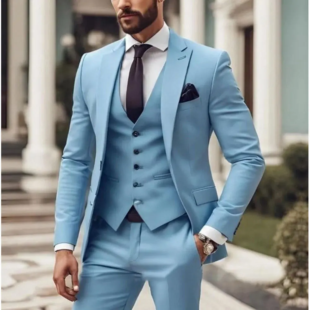 ummer 3 Pieces Thin Version Men's Suit Blue Slim Fit Formal Business Office Men's Suits（jacket+Vest+Pants）