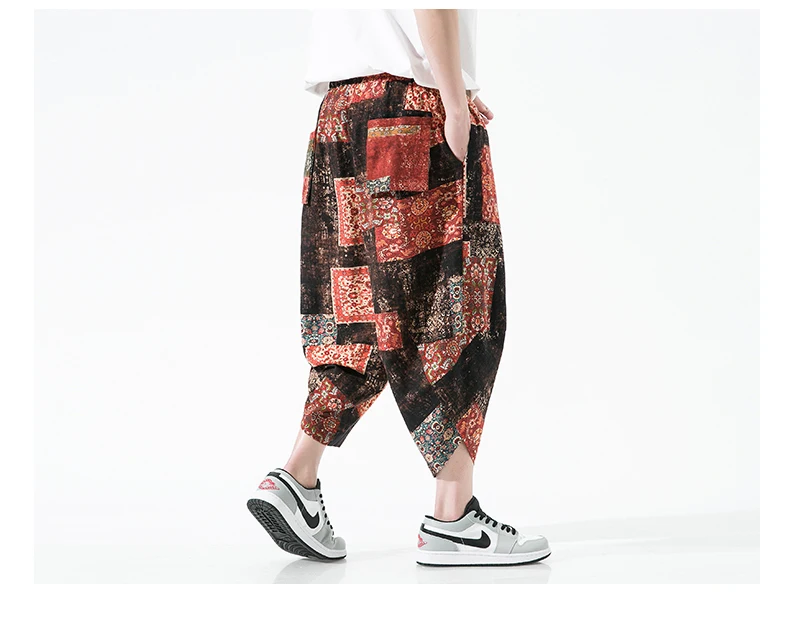 Summer Harajuku Calf-length Pants Casual Men's Pants Wide Leg Cotton Linen Printing Harem Baggy Pants Fashion Men's Clothing