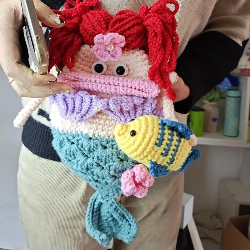 

Large-mouthed Mobile Phone Bag, Hand-woven Bag, Crochet Woolen Bag, Creative and Cute Bow Girl Shoulder Bag