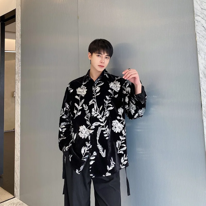 

Spring Vintage Velvet Embroidered Flower Design Men's Long Sve irt Performance Stage Outfit Glitter Par Performance Cl...