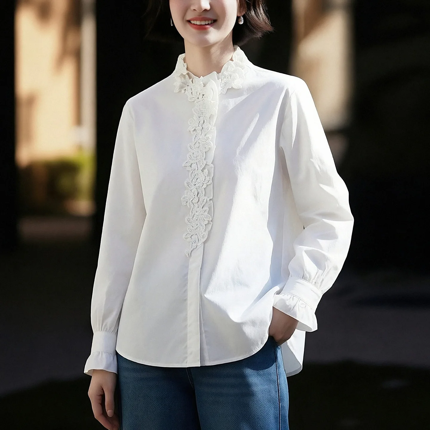 

Ele Pure Cotton Long Sve irt for Women with Embroidery Stand Collar Ladylike irt Spring Faion New Arrival