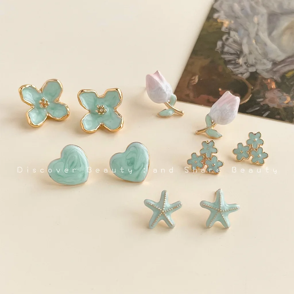 DIY accessories Mint Mambo Green Oil Drop Love Stud Earrings Women's Small Fresh Sweet Tulip Earrings Korean Fashion Versatile E