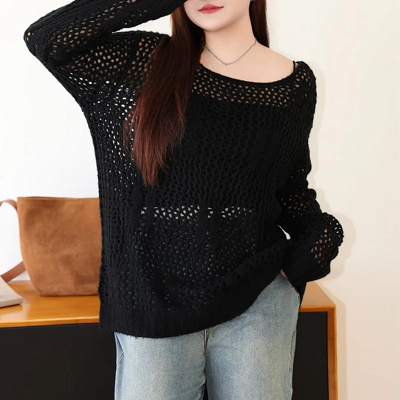 Casual Cover-Up for Women, Slouchy Design, Loose Hollowed-Out Knit Smock, Good Quality, Plus Size, Autumn, 2024