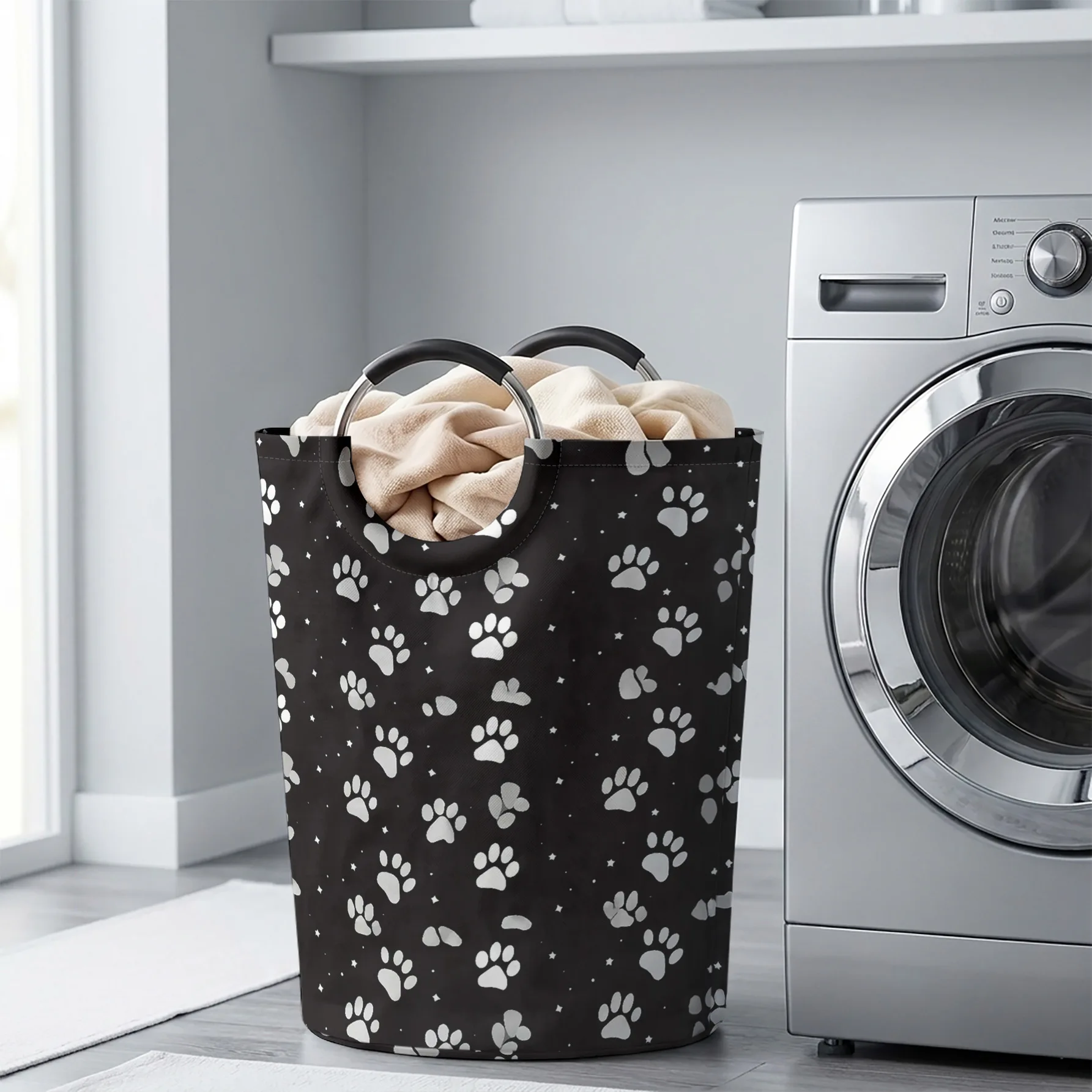 Black Background Silver Paw Print & Star Handheld Storage Basket, Large Capacity, for Dirty Clothes, Bedroom Sundries, Toys