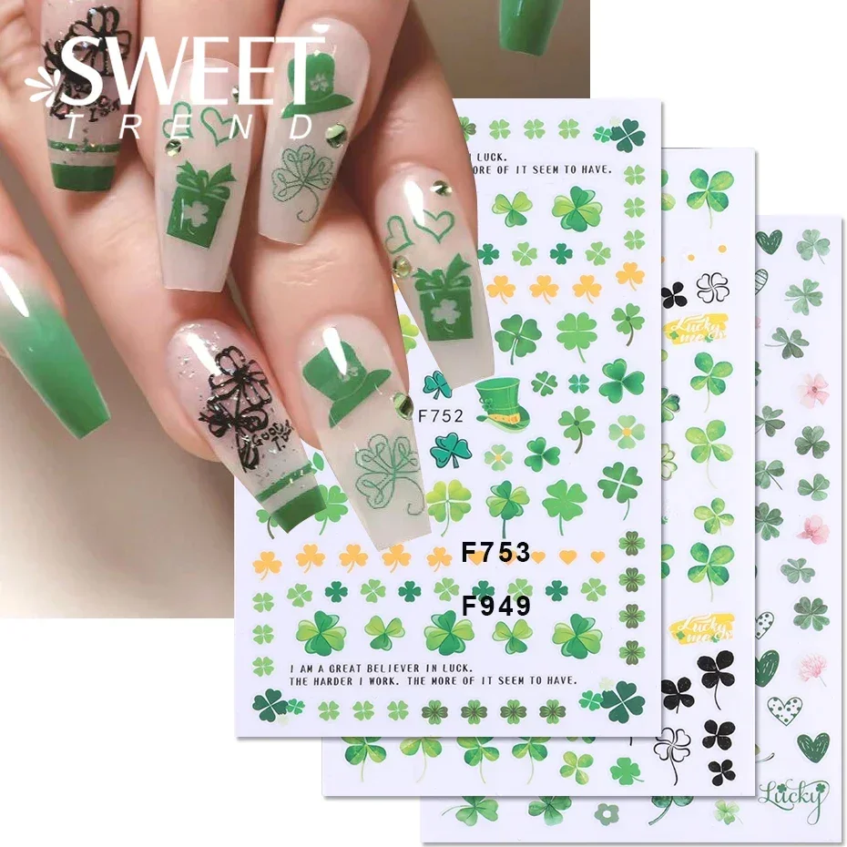 3D Nail Stickers Four Leaf Clover Green Leaves Flower Grass St. Patrick Festival For DIY Manicure Slider Spring Nail Decoration