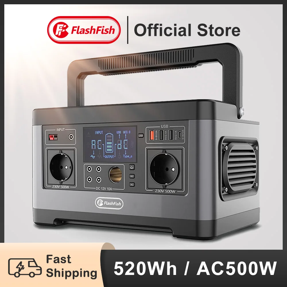 FF Flashfish 230V 500W Solar Generator 520Wh AC Portable Outdoor Power Station Emergency Large Capacity Home High Power Supply