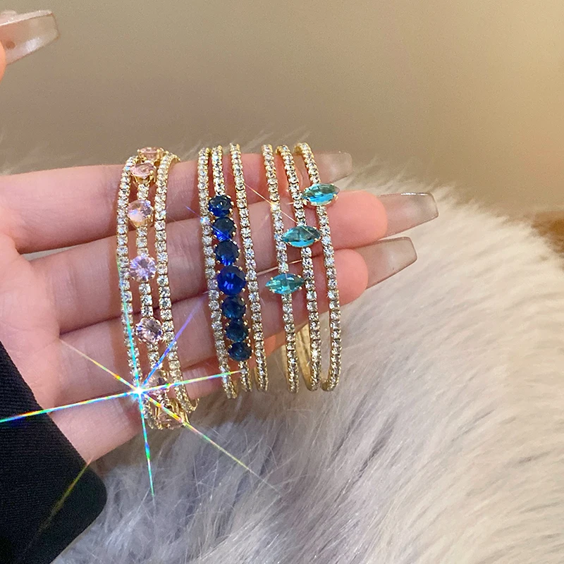 Colorful Rhinestone Bracelets Bangle Gold Color Irregular Multi-layer Bracelet For Women Light Luxury Wedding Wristband Jewelry