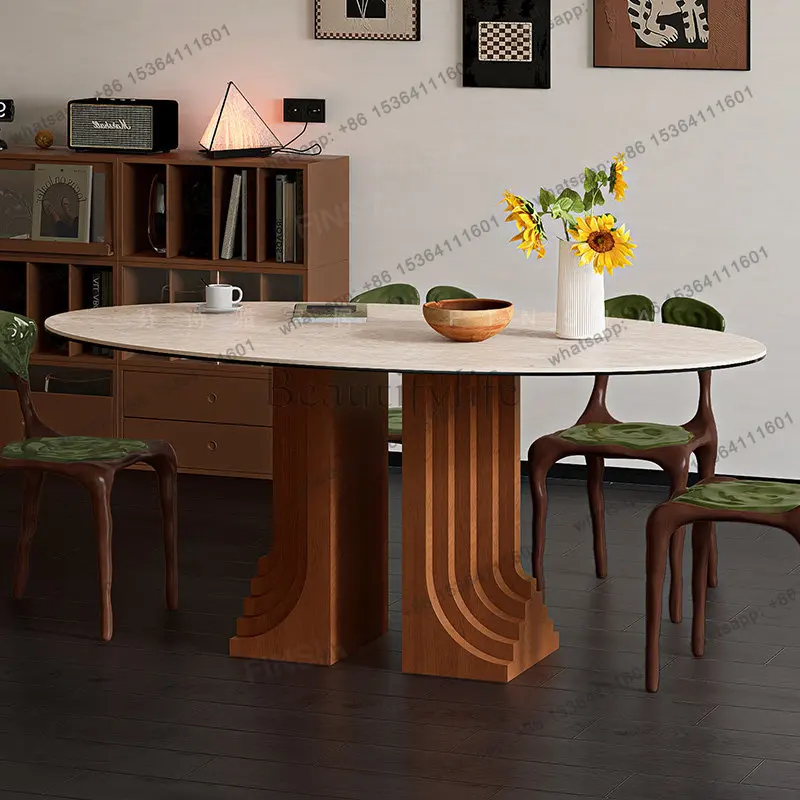 

Rock slab cave stone oval dining table light luxury high-end modern simple dining table and chair combination