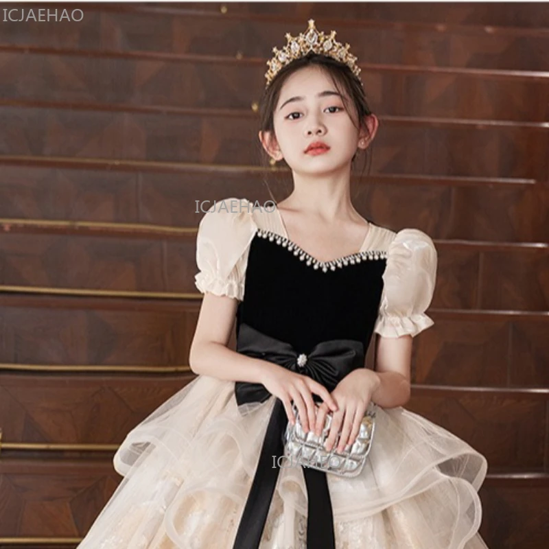 

Винтажное детское вечернее платье для девочек, цветочное, свадебное, цвета шампань, для девочек, платье принцессы, детская одежда на Ид, на день рождения, для выступлений на фортепиано