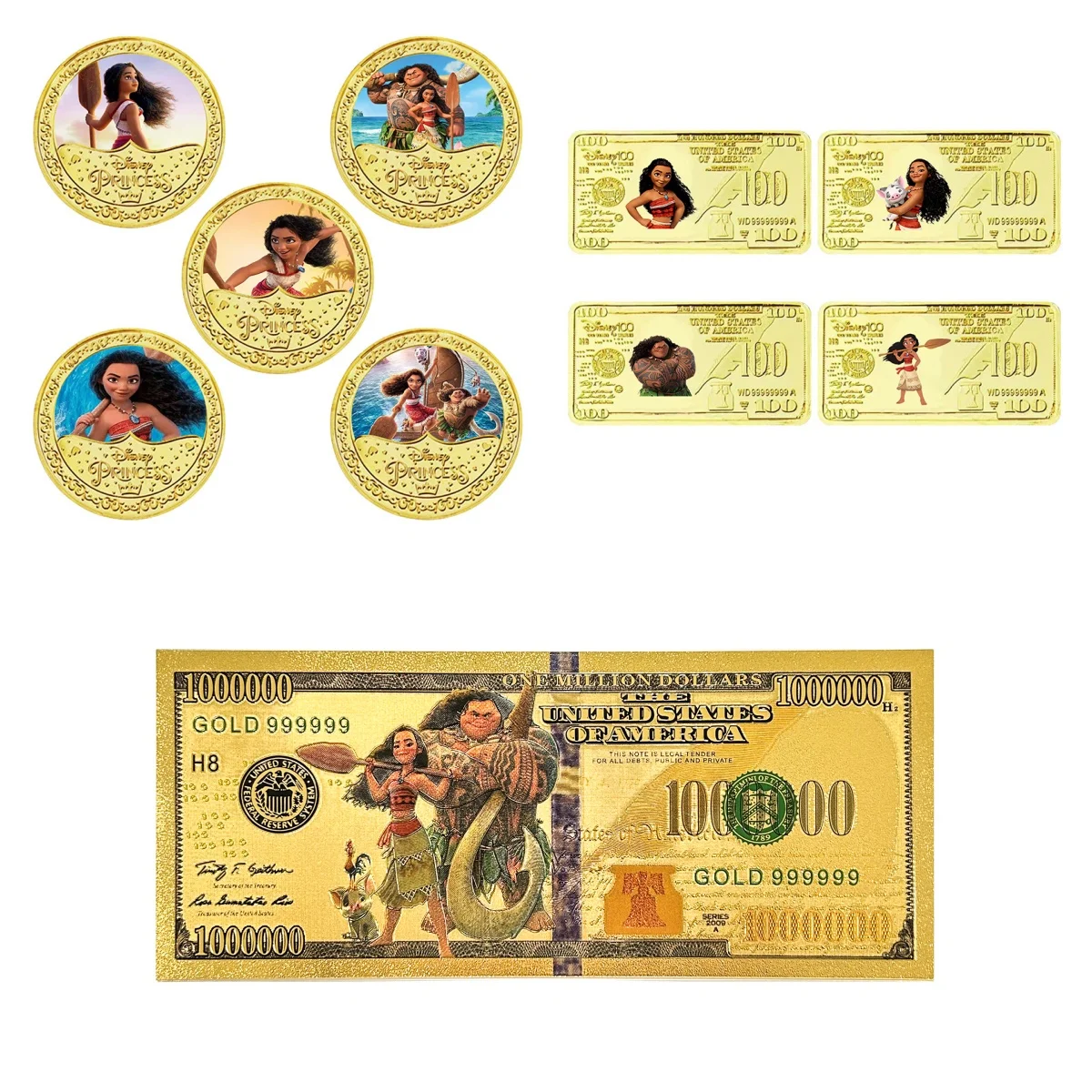 

Золотая монета с рисунком океана, принцессы Моаны, золотая банкнот, монета, золотой бар, набор, полная серия, коллекция, подарок для детей, подарок на день рождения