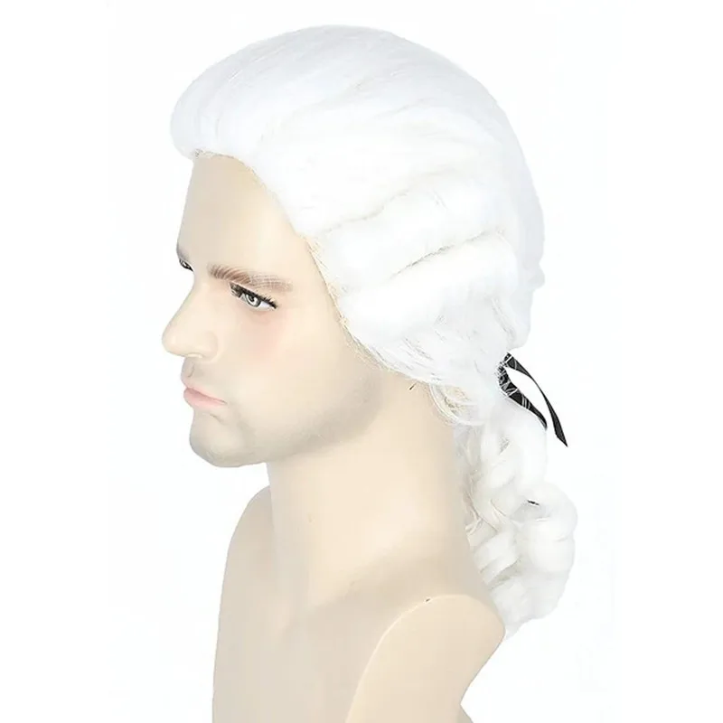 

Long White Curly Cosplay Lawyer Judge Baroque Curly Wig Men Costume Wigs Deluxe Historical Long Synthetic Wig For Halloween