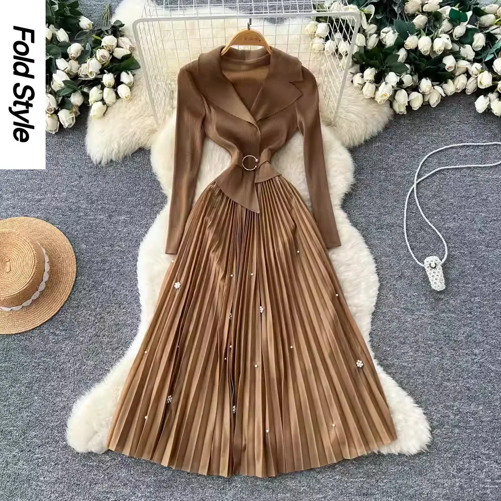 

2025 Lapel Nail Bead Long-sleeved Dress Women's Waist Pleated Temperament Celebrity Elegant and Gentle Style Pleated Long Skirt