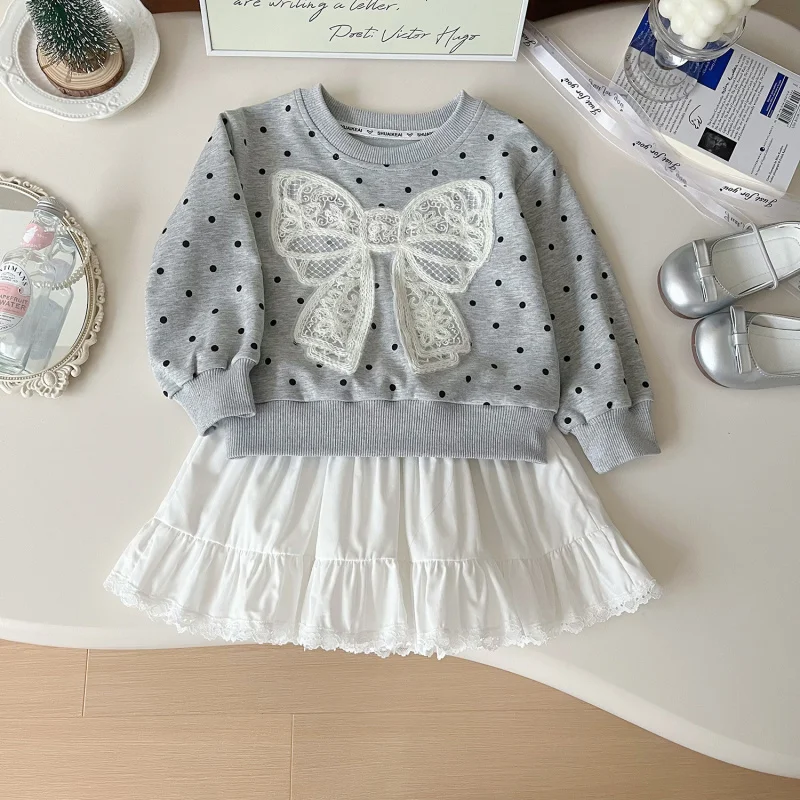 

Girls' Outfit Set Autumn New Children's Bow Sweatshirt+Cute Cake Dress Two-Piece Set Wholesale