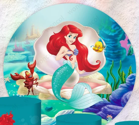 Disney Little Mermaid Round Backdrop Girls Birthday Baby Shower Backdrop Under The Sea Round Cylinder Cover Decoration Prop