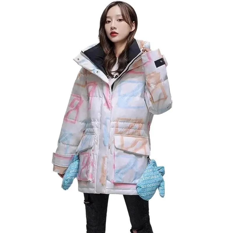 2023 Winter New Korean Version Loose Fit Women's Down Coat Leisure Warmth Colored Plaid Printing Fashion Casual Windproof Coat B