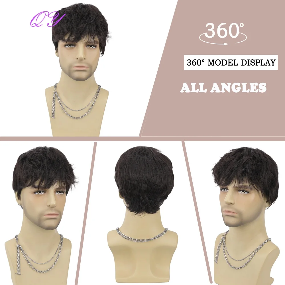 Synthetic Short Brown Flaxen Men's Layered Fluffy Wig With Bangs, High-Quality High-Temperature Fiber Wig For Daily Or Party Use view 6