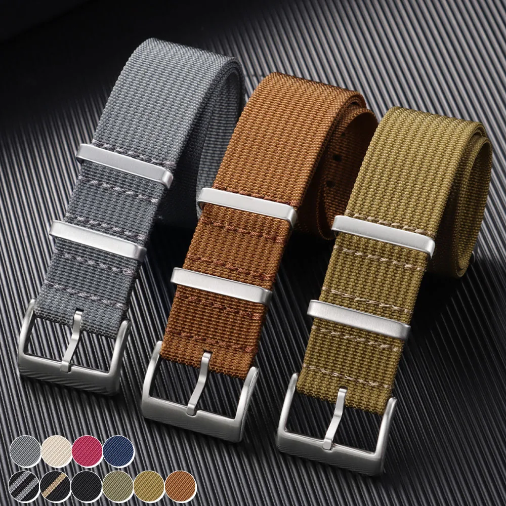 High Quality Ribbed Watch Band Silver Black Ring Buckle Nylon Striped Strap Military Sport Bracelet 20mm 22mm Casual Watchband