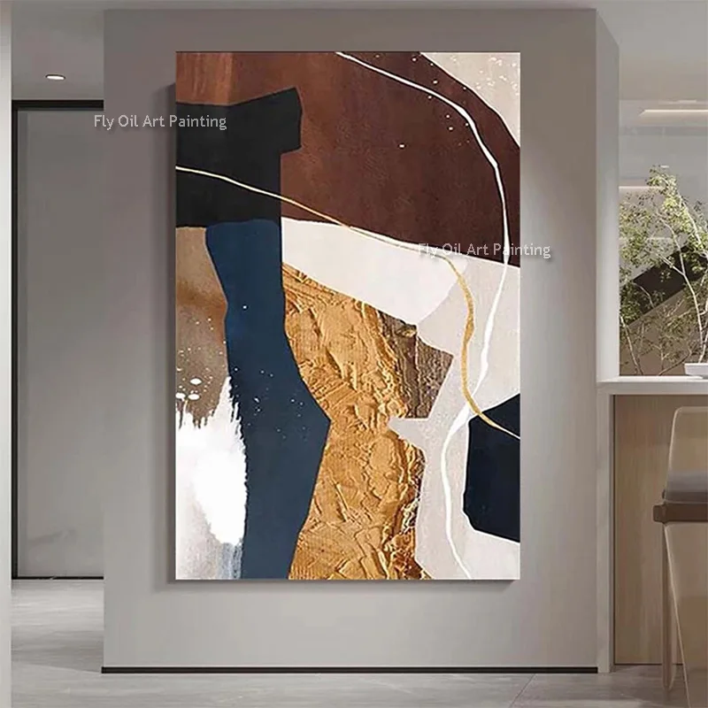 Yellow And Black Abstract Canvas Oil Painting Handmade Brown And Beige Thick Simple Wall Art For Living Room Decor As Gifts