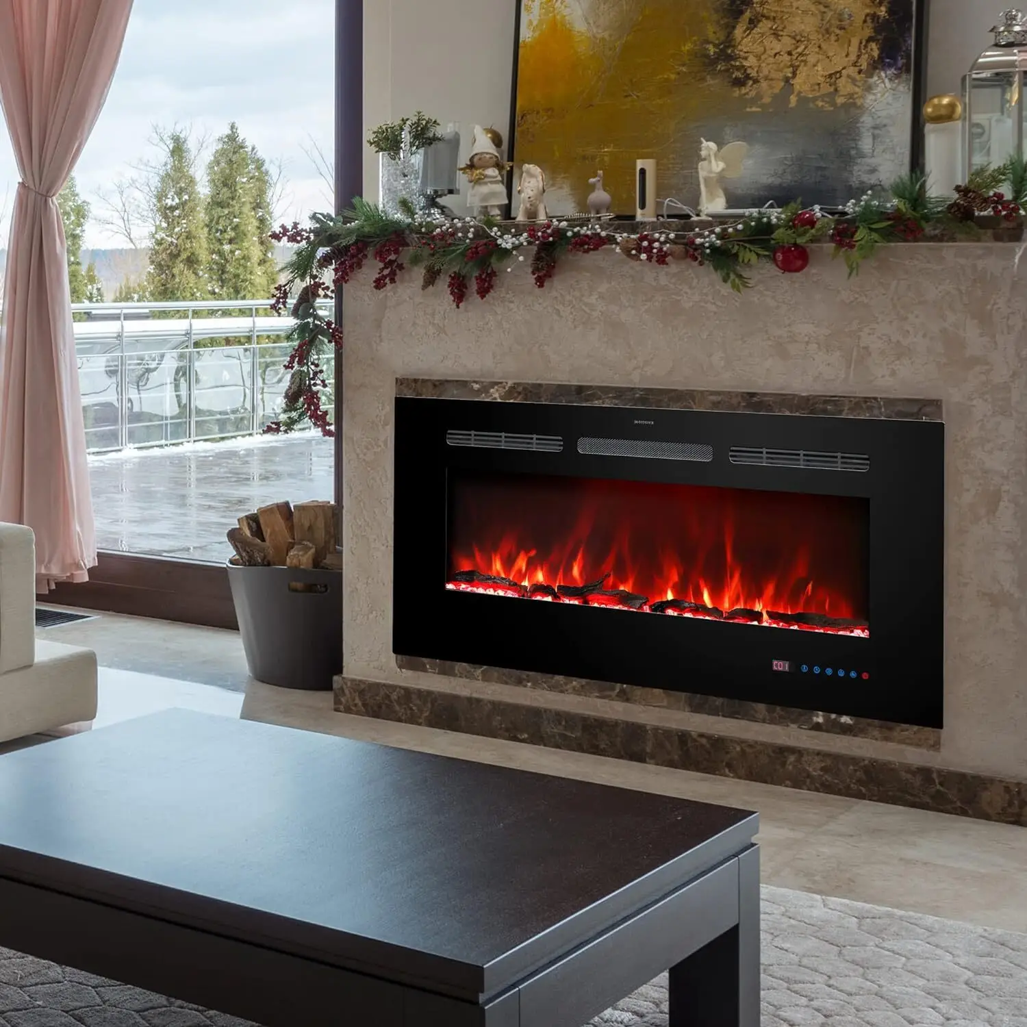 42 inches Electric Fireplace Inserts, Recessed and Wall Mounted Fireplace Heater, Linear Fireplace w/Thermostat, Remote