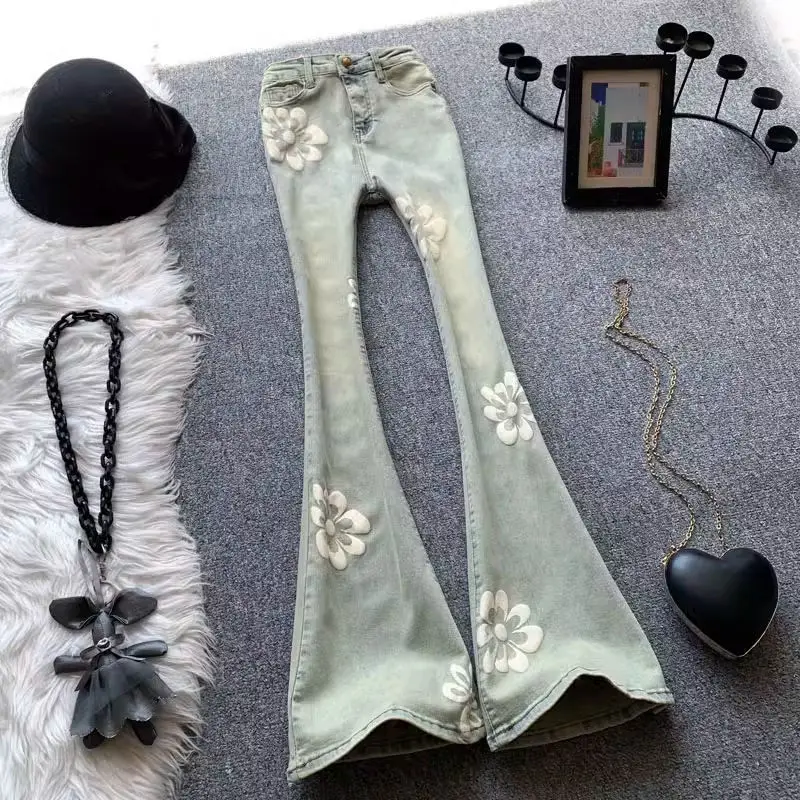 Summer Print Micro-cut Jeans for Women To Make Old Retro Slim-fit High-waisted Stretch Mop Bell Bottoms