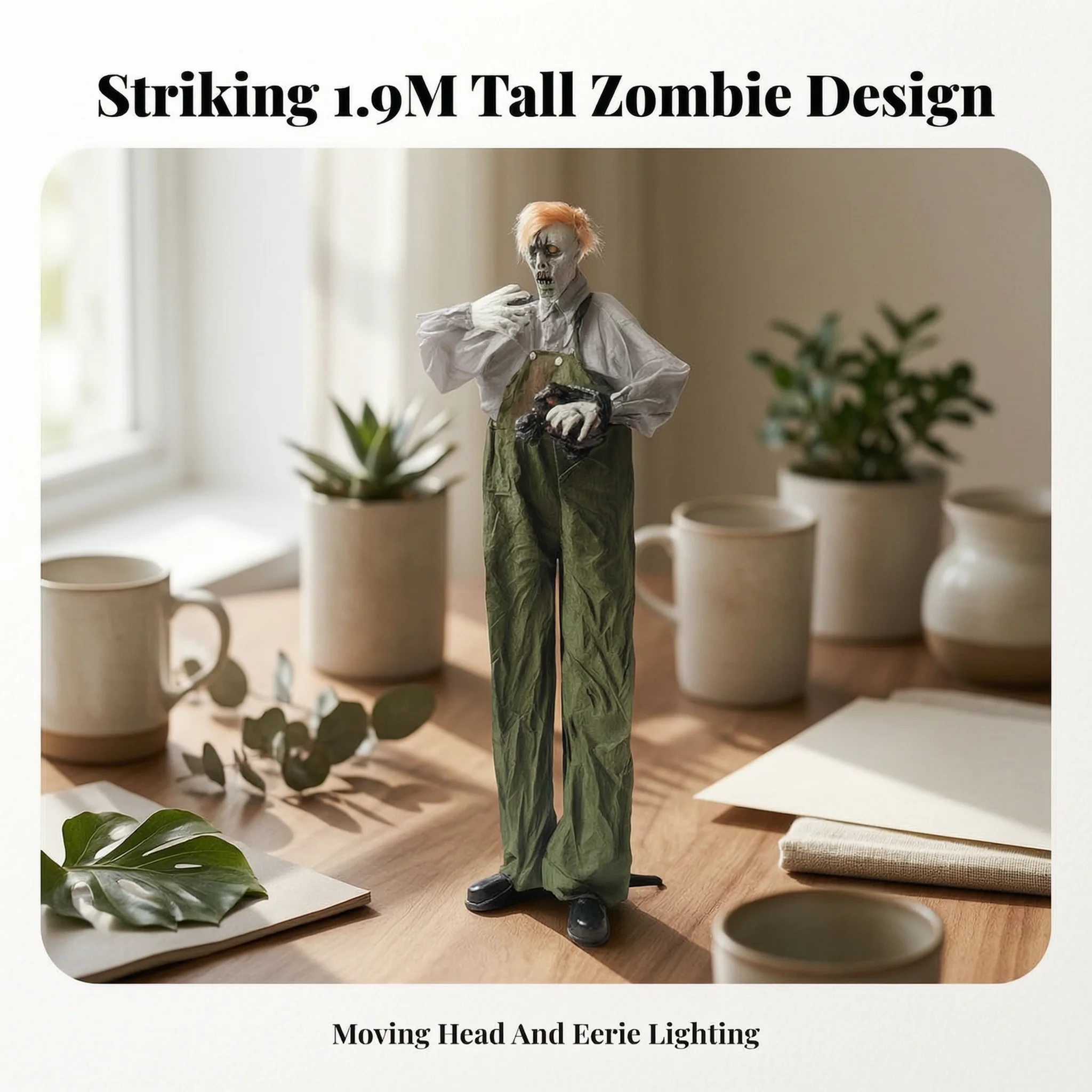 Battery Operated Light-up Eyes Holiday Prop Swinging Head Zombie Figure for Halloween Scares and Party Décor