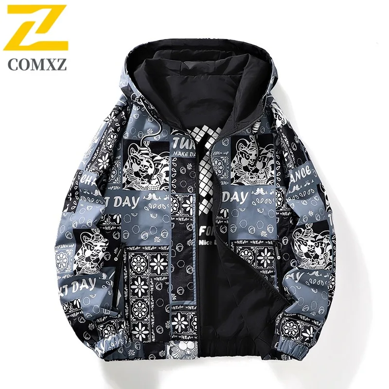 

COMXZ 2025 Мужская двусторонняя куртка в корейском стиле, повседневное пальто с принтом, большой размер, модная верхняя одежда с двумя сторонами, модная