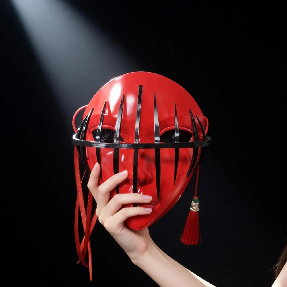 Horror Cosplay Full Face Mask Red ABS Plastic Black Metal Barrier With Red Tassel Halloween Masquerade Party Costume Prop