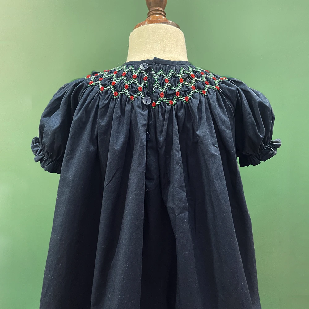 Summer New Girls Smocking Dress Navy Blue 100% Cotton Pure Manual Embroidery Puff Sleeves Casual Fashionable Outfit Clothing