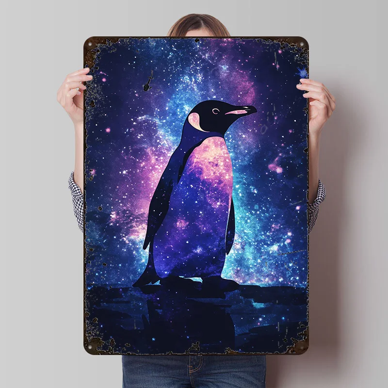 Galaxy Penguin Tinplate Poster Customized Wall Art Vintage Metal Signs Retro Plates for Home Decor Room Wand Deko Interior House