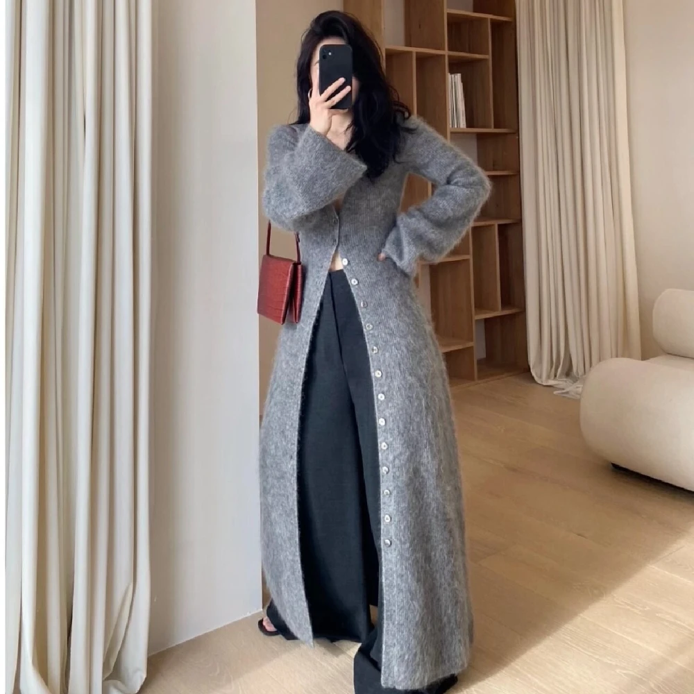 2024 Autumn Women NewDresses Imitation Seahorse Fur XLong Cardigan Single Braested Sweater Dress Elegant Clothes Streetwear Za