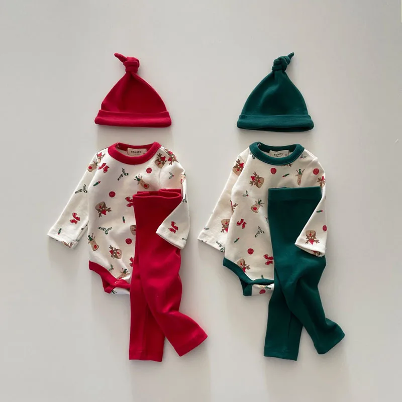 Christmas Baby Clothes Set Autumn Winter Infant Boys Girls Cotton Long Bodysuit+Leggings+Hat 3Pcs Toddler Xmas Homewear Outfits