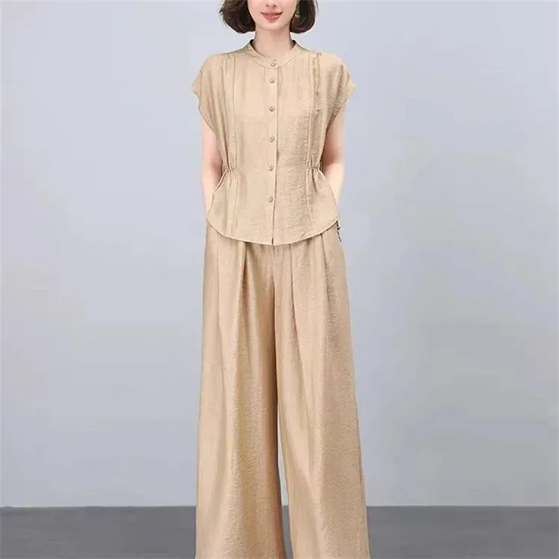 

2025 Female Loose Shirts 2PCS Korean Women Short Sleeve Two-piece Suit Spring Summer Ladies Tops Leisure Wide Leg Pants Outfit