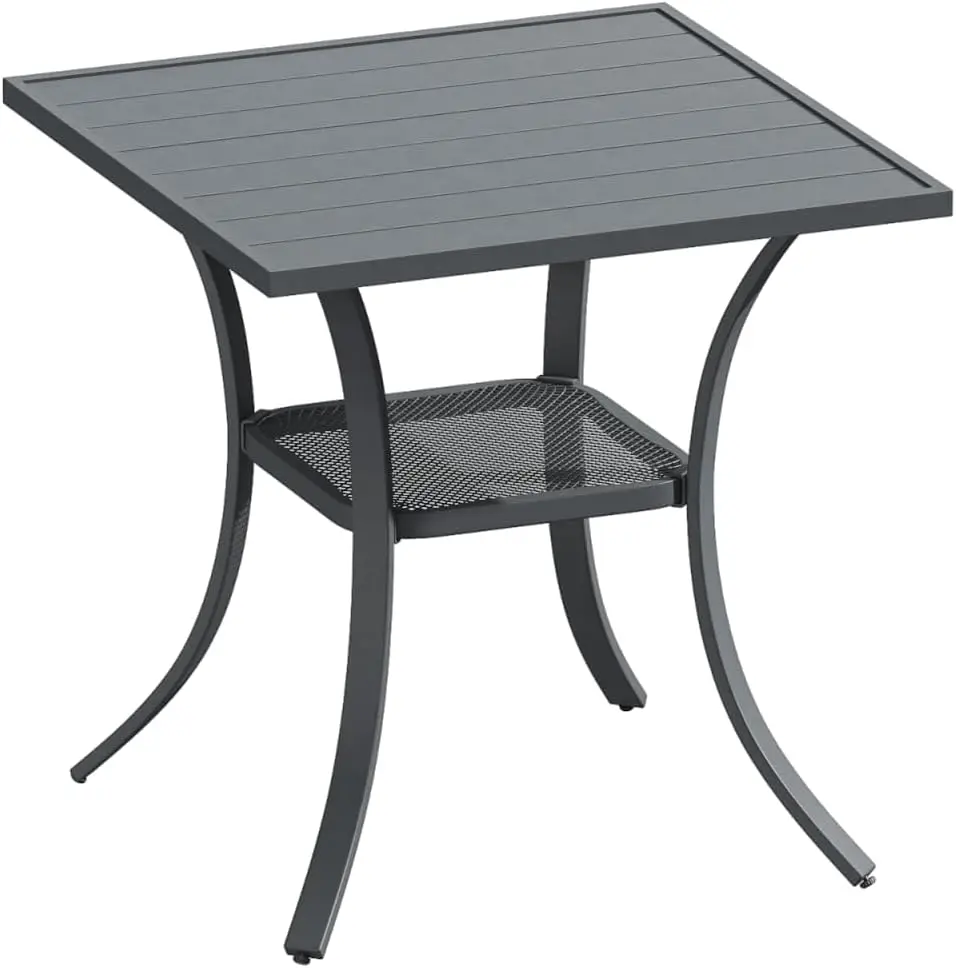 Small Square Outdoor Dining Table 27.6 Inch Seats Two Slatted Metal Patio Surface Under Storage Shelf All Weather Garden Backyar