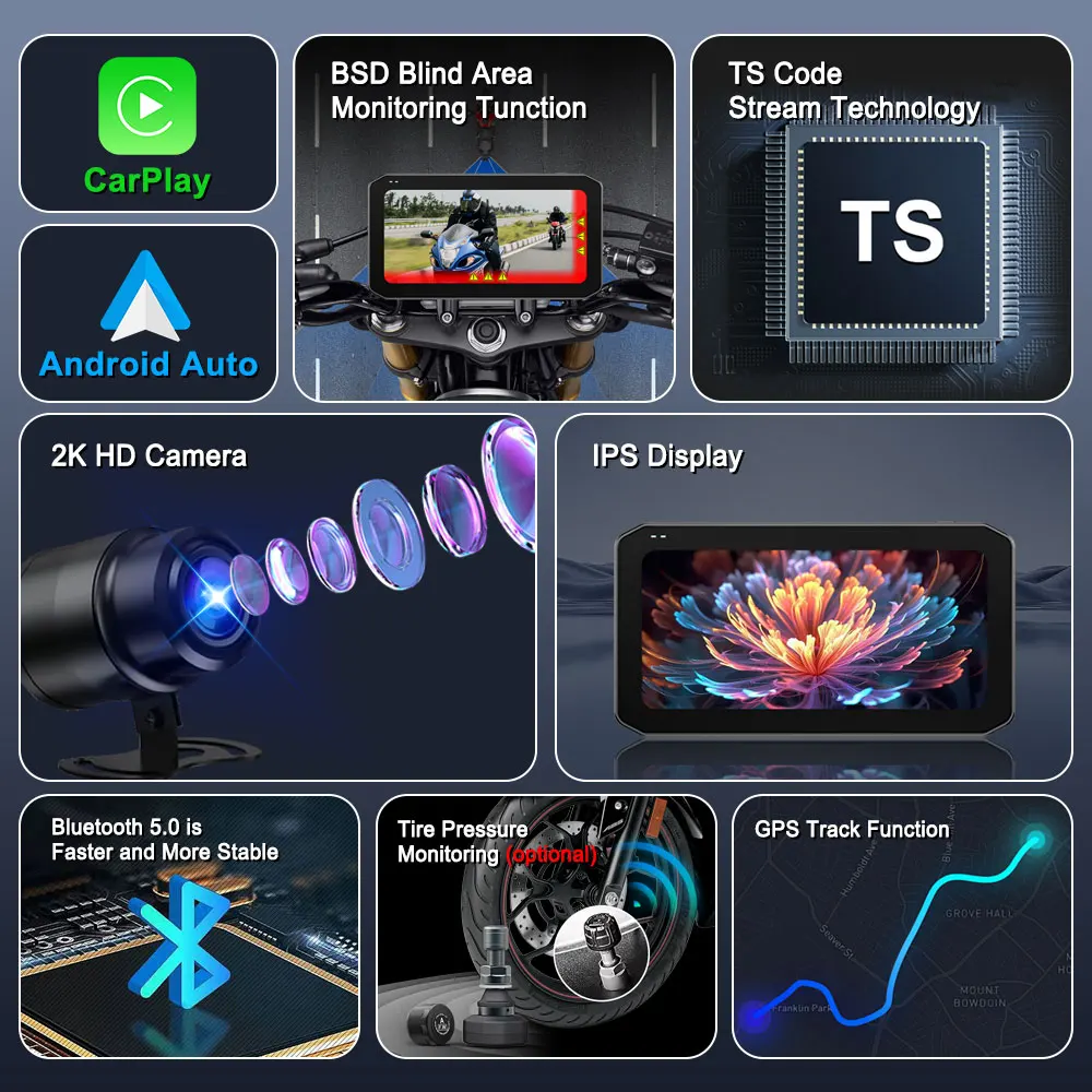 6.25 Inch Waterproof Wireless Apple Carplay Android Auto Motorbike Smart Motorcycle GPS Navigator Motorcycle Carplay DVR BSD