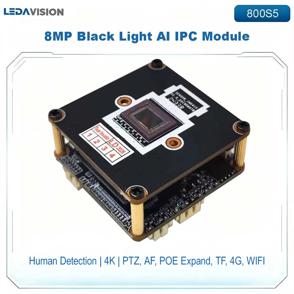 800S5 SONY IMX415+SSC378QE Open AI IP Camera Module 8MP 4K Dual-light 25FPS Human Detection PCB Board for Security Surveillance
