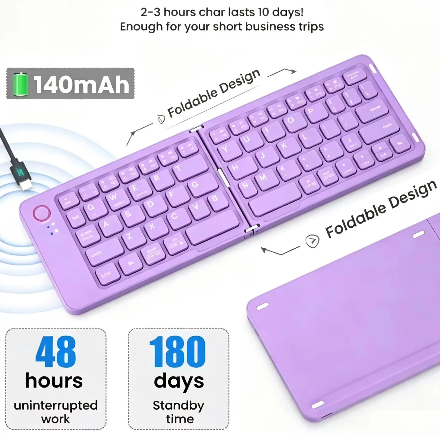Double Foldable Mini Wireless Slim Tablet Keyboard Portable Folding Bluetooth Rechargeable Keyboard For IOS Windows Android
