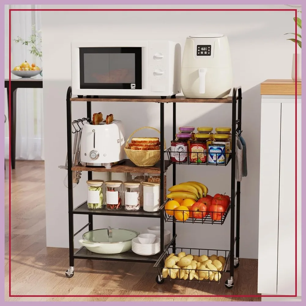 

4-Tier Rolling Kitchen Cart with Pull-Out Baskets, Microwave Stand, Coffee Bar Storage Shelf with Wheels for Living Room, Office, Balcony