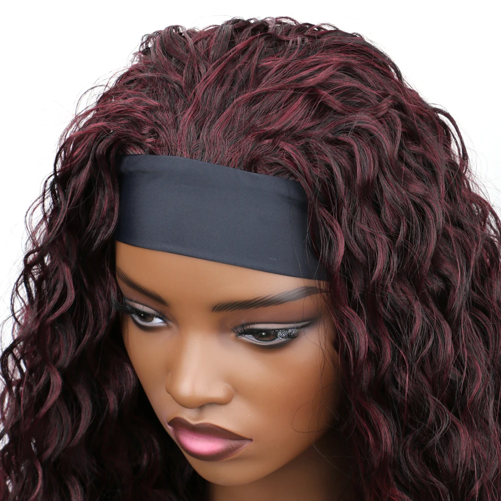Wig Headband Water Wave Wig Sintetis untuk Wanita Kulit Hitam Wig Keriting dengan Headband Terpasang Wig Setengah Hitam Tanpa Lem Tahan Panas