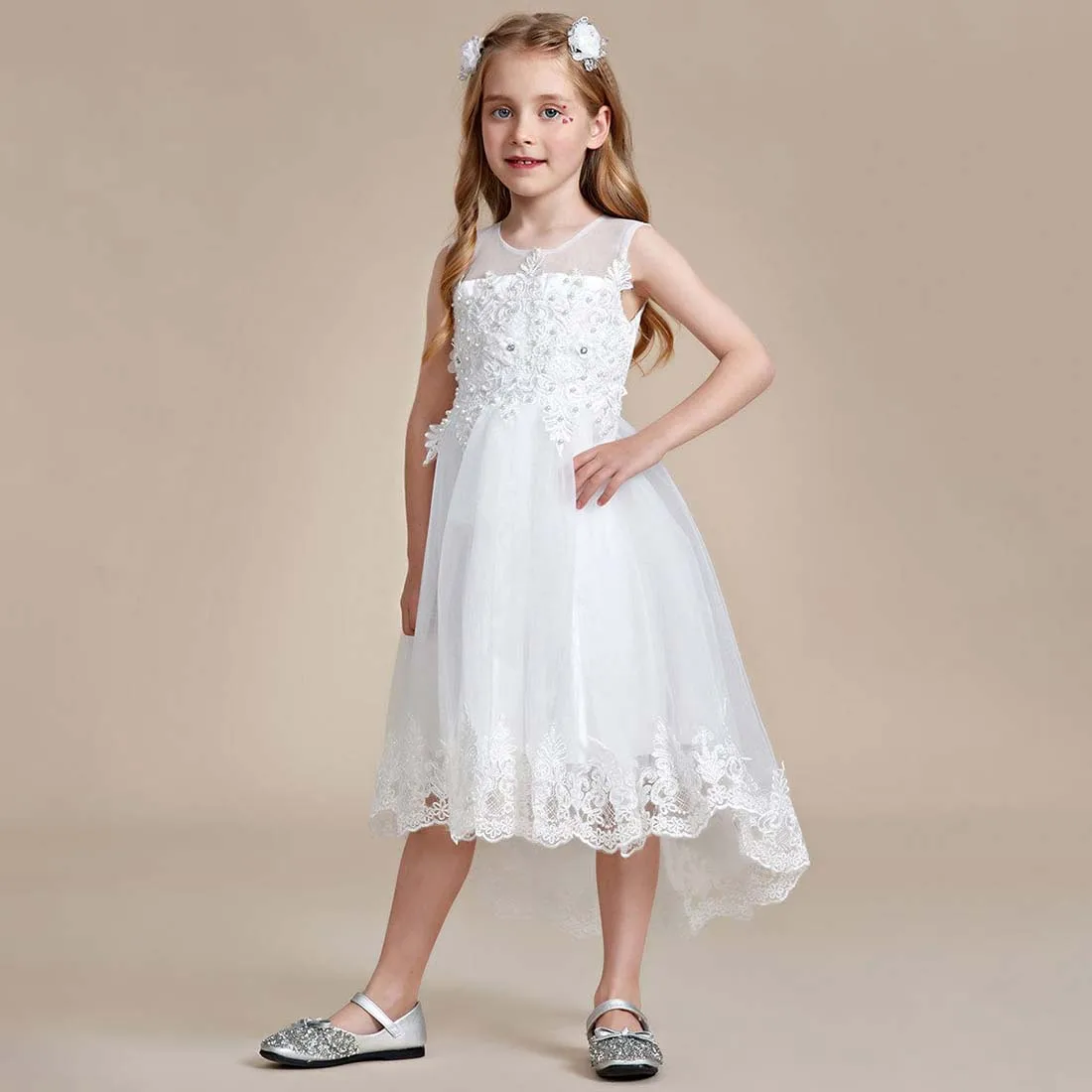 YZYmanualroom elegante pizzo alto basso a-line Flower Girl Dress con senza maniche 2-15T