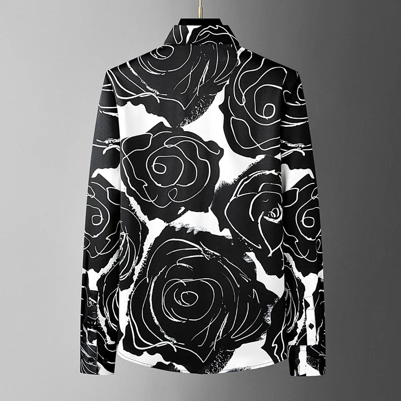 Trendy Floral Print Long Sleeved Shirt for Men Slim Casual Business Non Ironing Shirts Streetwear Social Banquet Party Shirts