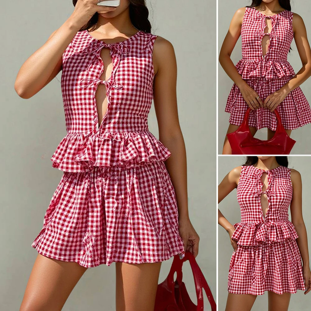 

Mia Muse Boutique Сексуальные французские комплекты Плед на шнуровке с воланами без рукавов с круглым вырезом Майки Мини-апециевидной формы с высокой талией Наборы для свиданий