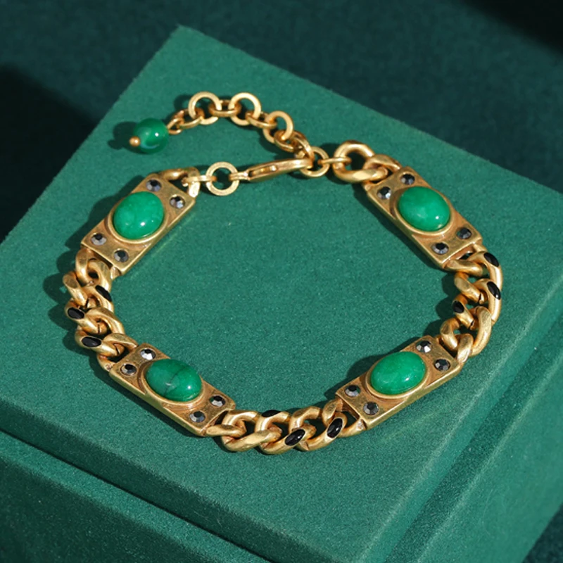

Vintage Green Natural Stones Chain Bracelet Drop Jewelry Antique Gold Color Luxury For Women Trends New 2026 Bridesmaids Gifts