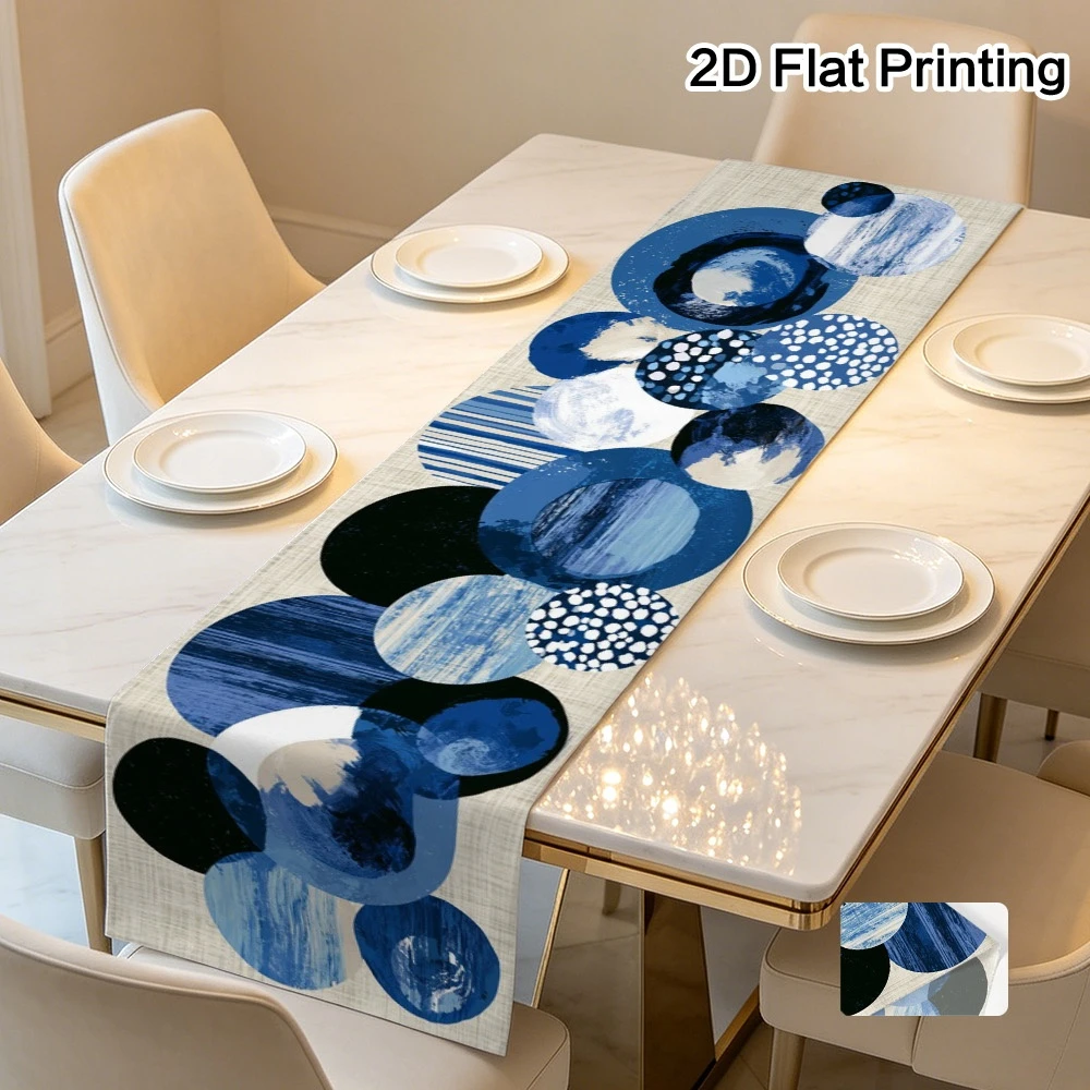 1pc Modern Abstract Blue Circle Art Table Runner 2D Flat Print Minimalist Dining Table Decor for Home Kitchen Party