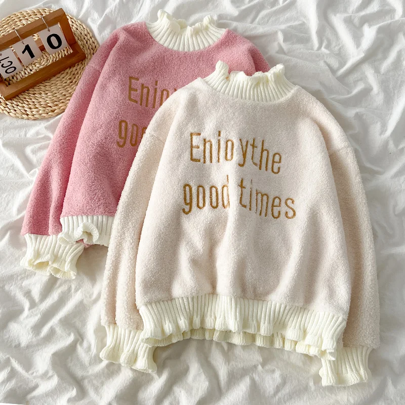 

2023 New Women's Lambswool Pullovers Knitting Patchwork Half High Collar Tops Korean Style Sweet Embroidery Fleece T-Shirt