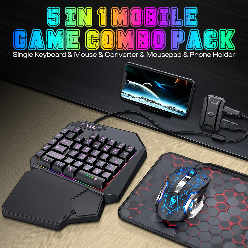 مجموعة لوحة مفاتيح الألعاب الميكانيكية 5 في 1 مجموعة لوحة مفاتيح يدوية واحدة 5D محول ماوس ألعاب ميكانيكي محول ألعاب الهاتف المحمول Pro