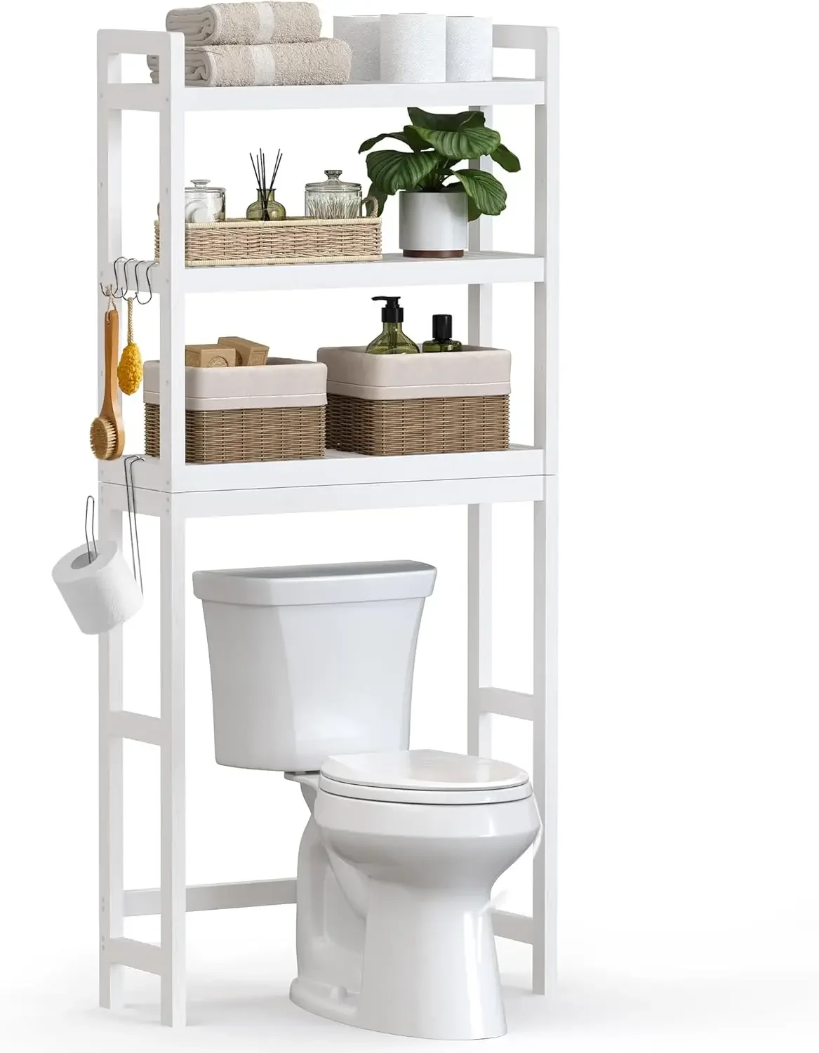 3-Tier Bamboo Over Toilet Bathroom Organizer with Adjustable Shelf, Fit Most Toilets, Space-Saving, Easy Assembly