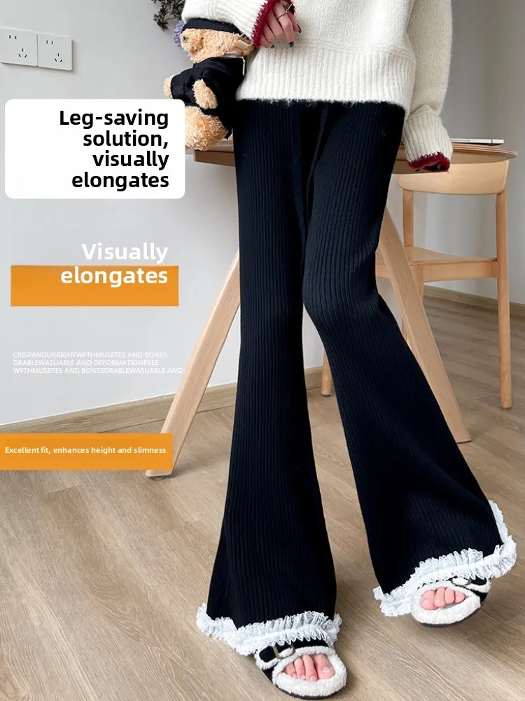 Pantaloni da pendolare in maglia morbida pigra da donna autunno inverno nuovi pantaloni a gamba larga in pizzo con giunture drappeggiate a vita alta